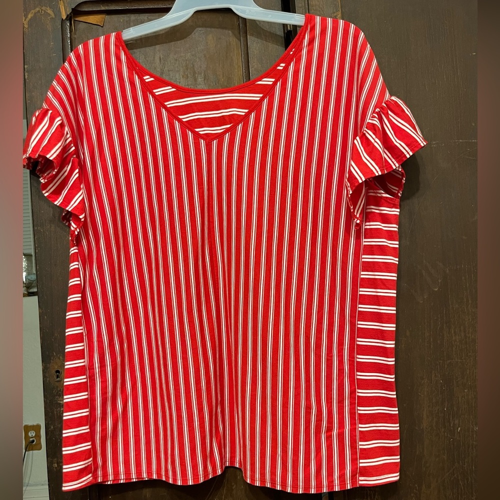 Red and white striped blouse with ruffle arms made by Terra&Sky size 1x
